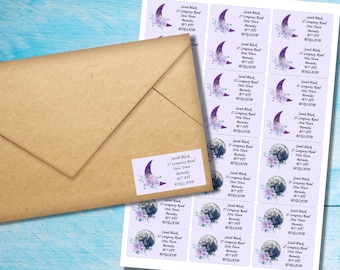 Moon Flowers self adhesive return address labels, 24 labels per sheet, 63.5 x 33.9 mm rectangular stickers with rounded corners