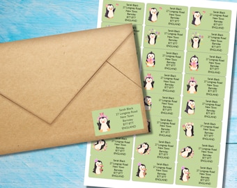 Penguins in Spring zelfklevende retouradreslabels, 24 labels per vel, rechthoekige stickers van 63,5 x 33,9 mm met afgeronde hoeken