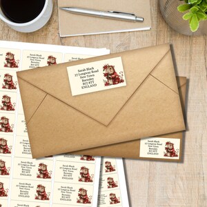 Poinsetta Mouse return address labels, 24 or 40 self adhesive labels per sheet, Pen pal rectangular stickers for happy mail envelopes