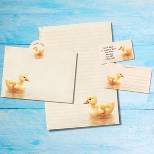 Kit de cartas para correo postal con diseño de patito amarillo, papel de carta tamaño A5, sobres, etiquetas de dirección, etiqueta PDT y pegatinas redondas para correo feliz