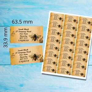 Etichette autoadesive per indirizzo di ritorno Vintage Bees, 24 etichette per foglio, adesivi rettangolari 63,5 x 33,9 mm con angoli arrotondati immagine 2