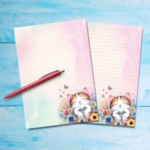 Smiley Cat writing paper, Cute A5 Pen pal supplies, Single stationery letter writing note sheets, Notepaper with or without lines