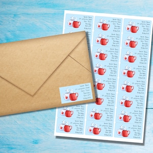 Love Mugs self adhesive return address labels, 24 labels per sheet, 63.5 x 33.9 mm rectangular stickers with rounded corners