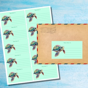 May include: A sheet of 8 turquoise blue address labels with a colorful sea turtle illustration and the text "Please Deliver To:" on each label. The labels are on a brown envelope with red and white stripes.