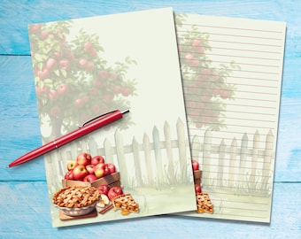 Apples A5 letter writing paper, Pen pal supplies, Stationery lined or unlined note sheets, Cute notepaper with or without lines