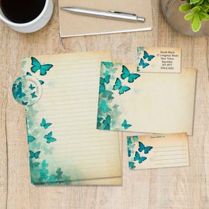 Jade butterflies matching penpal / snail mail letter kit, A5 writing paper, envelopes, address labels, PDT labels, round happy mail stickers