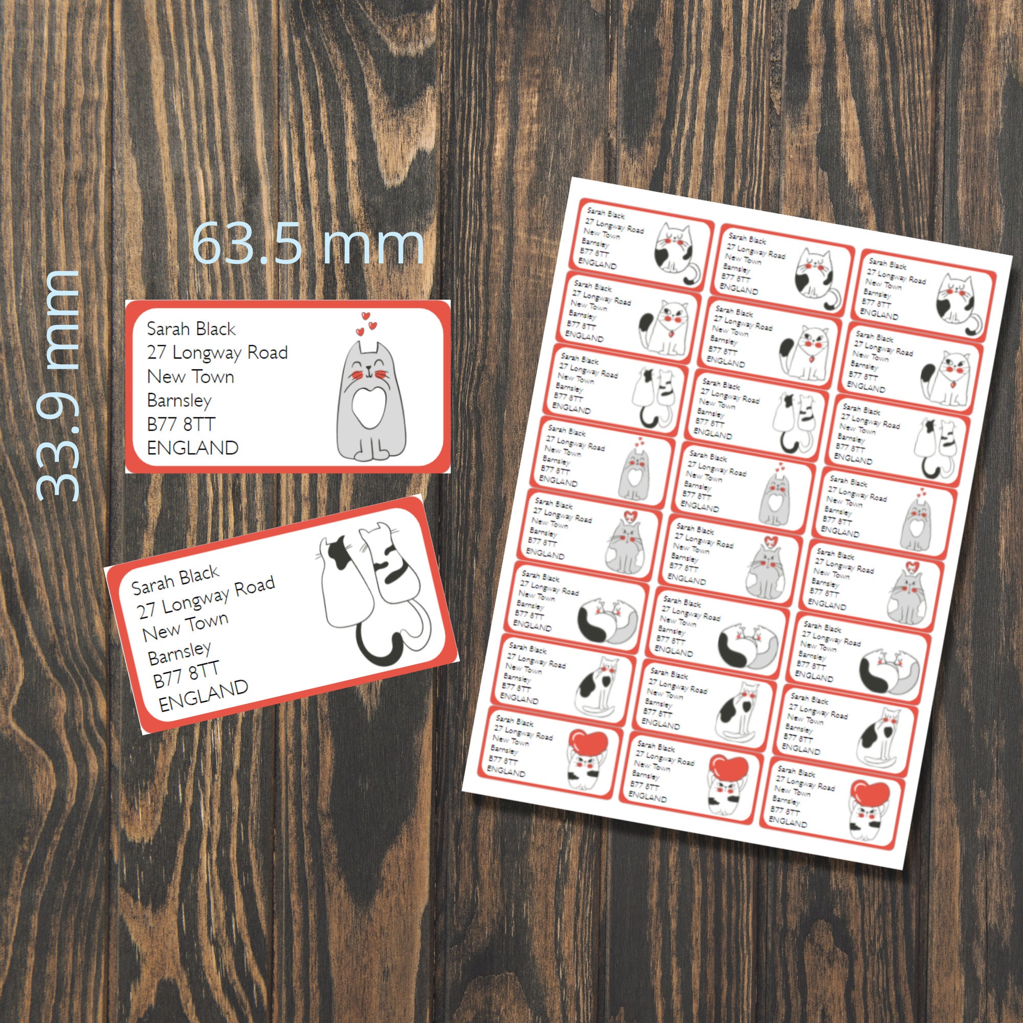 Meow self adhesive return address labels, 24 labels per sheet, 63.5 x 33.9 mm rectangular stickers with rounded corners