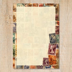 May include: Vintage-style stationery paper with a border of colorful postage stamps. The stamps feature portraits and historical imagery. The paper has a cream-colored background with faint stamp imprints, creating a layered effect. Ideal for letters, notes, or scrapbooking.