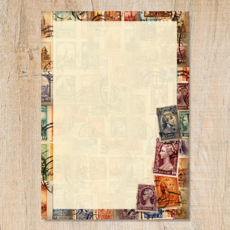 May include: Vintage-style stationery paper with a border of colorful postage stamps. The stamps feature portraits and historical imagery. The paper has a cream-colored background with faint stamp imprints, creating a layered effect. Ideal for letters, notes, or scrapbooking.