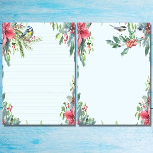 May include: Two printable stationery sheets with a blue background and a border of green holly leaves, red poinsettia flowers, and red berries.  One sheet has a bluebird perched on a branch and the other sheet has two small birds perched on a branch.