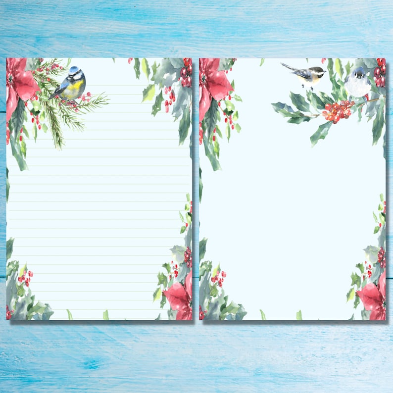 May include: Two printable stationery sheets with a blue background and a border of green holly leaves, red poinsettia flowers, and red berries.  One sheet has a bluebird perched on a branch and the other sheet has two small birds perched on a branch.