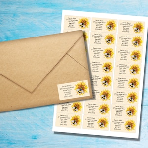 Etichette adesive per indirizzo del mittente Sunflower Bee, 24 etichette per foglio, adesivi rettangolari da 63,5 x 33,9 mm con angoli arrotondati