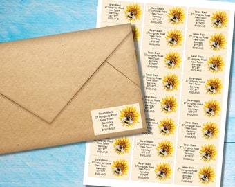 Sunflower Bee self adhesive return address labels, 24 labels per sheet, 63.5 x 33.9 mm rectangular stickers with rounded corners