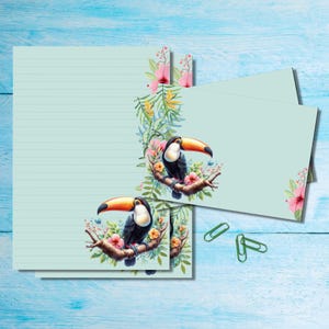 Rainforest Toucan stationery set, A5 letter writing paper with matching envelopes, Snail mail pen pal supplies kit, Lined / unlined sheets