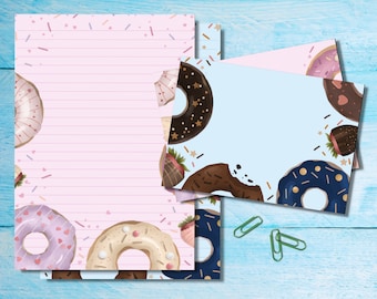 Donuts Border A5 letter writing stationery set, Cute penpal supplies, Snailmail kit sheets with matching envelopes & stickers