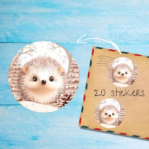 Pegatinas de erizo invernal, paquete de 20 pegatinas redondas mate cortadas individualmente, lindas etiquetas decorativas de correo feliz para correo postal, pegatinas para correo de amigos por correspondencia