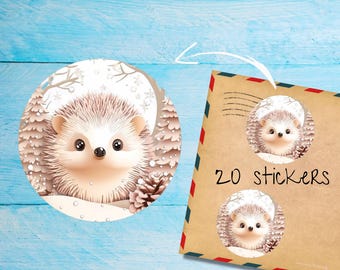 Winterse egelstickers, pak van 20 individueel gesneden ronde, mat, leuke decoratieve postetiketten voor postzegels, penvriend poststickers