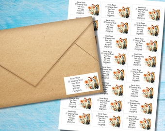 Pretty Fox self adhesive return address labels, 24 labels per sheet, 63.5 x 33.9 mm rectangular stickers with rounded corners