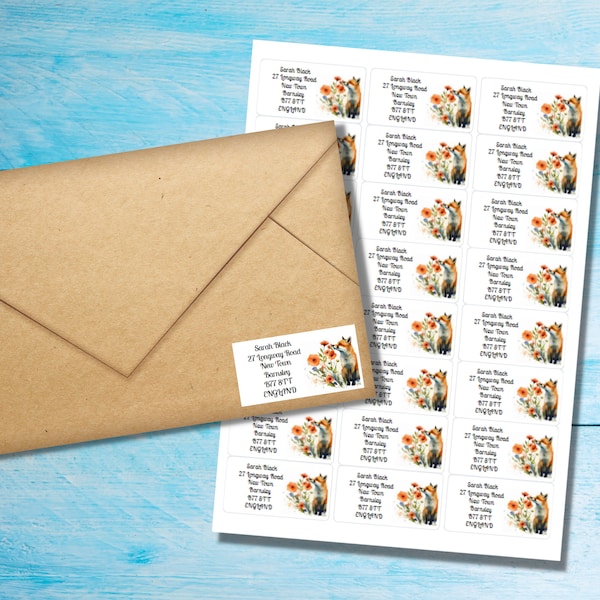 Pretty Fox self adhesive return address labels, 24 labels per sheet, 63.5 x 33.9 mm rectangular stickers with rounded corners