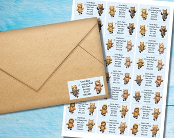 Raincoat Cats self adhesive return address labels, 24 labels per sheet, 63.5 x 33.9 mm rectangular stickers with rounded corners