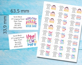 Happy Mail self adhesive return address labels, 24 labels per sheet, 63.5 x 33.9 mm rectangular stickers with rounded corners