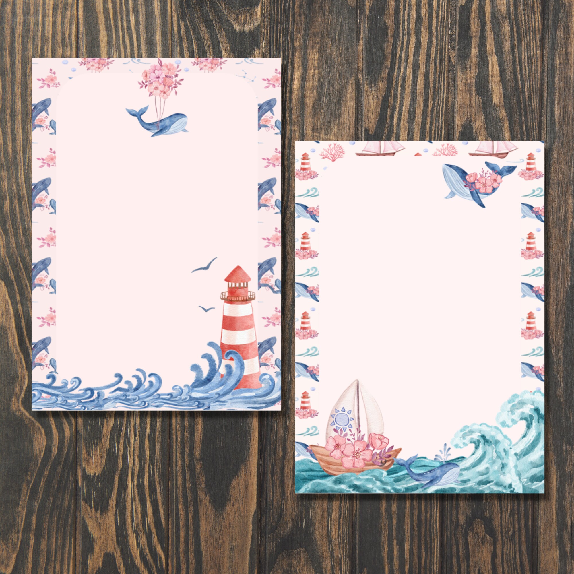 Unlined notepaper for handwritten letters, pen pal supplies Decorated stationery letter sheets Floral Whales A5 letter writing paper