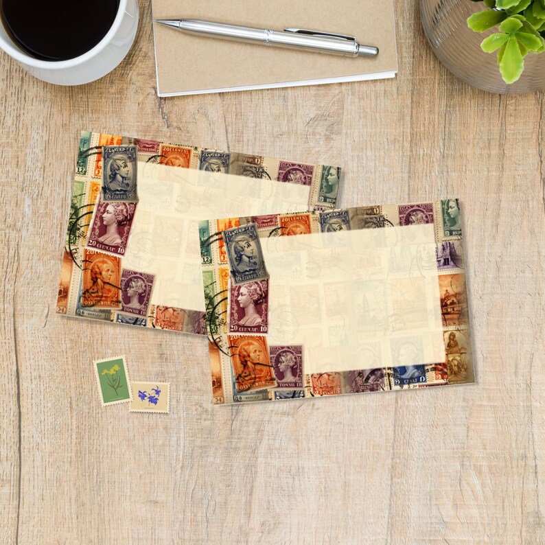 May include: Two vintage-style stationery sets with a border of colorful postage stamps. Each set has a cream-colored center for writing. Two small postage stamps with floral designs are also visible.