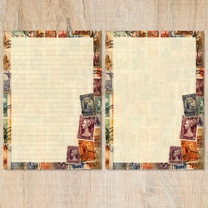 May include: Two sheets of stationery with a vintage postage stamp design. One sheet is lined, the other is blank. The borders are decorated with colorful stamps, and the paper has a cream-colored background.