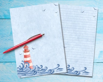 Lighthouse A5 letter writing paper, Pen pal supplies, Stationery lined or unlined single sheets, Cute pastel notepaper with or without lines