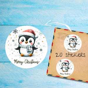 Autocollants de Noël pingouin, lot de 20 autocollants ronds mats découpés individuellement, jolies étiquettes décoratives Happy Mail pour courrier postal, autocollants postaux correspondant