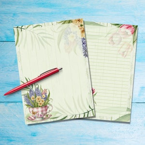 Papel para escrever cartas Teacups in Bloom A5, Suprimentos para amigos por correspondência, Folhas de carta pautadas ou não pautadas, Papel de carta fofo com ou sem linhas