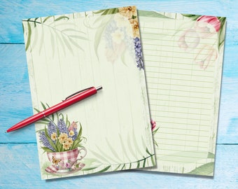 Teacups in Bloom A5 letter writing paper, Pen pal supplies, Stationery lined or unlined letter sheets, Cute notepaper with or without lines