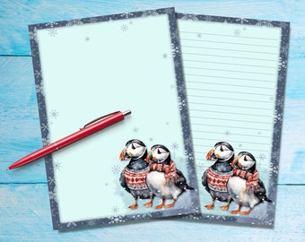 Winter Puffin A5 letter writing paper, Pen pal supplies, Stationery lined or unlined letter sheets, Beautiful notepaper with / without lines