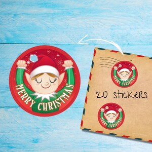 Paquete de pegatinas de duende navideño, lindas etiquetas de correo feliz redondas cortadas individualmente, suministros para amigos por correspondencia para decorar sobres