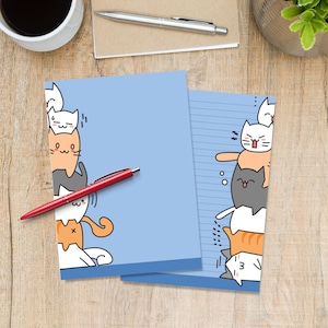 Funny Cats A5 letter writing paper, Pen pal and snailmail supplies, Stationery single note sheets, Cute notepaper with or without lines
