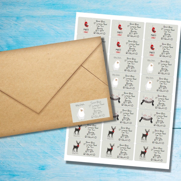 Winter Wishes - Grey self adhesive return address labels, 24 labels per sheet, 63.5 x 33.9 mm rectangular stickers with rounded corners