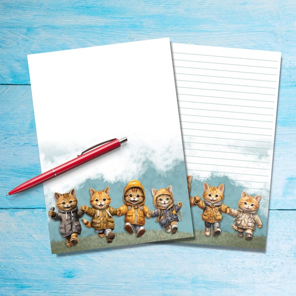 Raincoat Cats A5 letter writing paper, Pen pal supplies, Stationery lined or unlined note sheets, Cute notepaper with or without lines