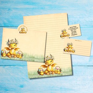 Kit de cartas a juego con forma de dragón de Pascua amarillo, papel de carta tamaño A5, sobres, etiquetas de dirección, etiquetas PDT y pegatinas redondas para correo feliz
