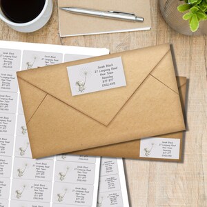 Può includere: Due buste di carta kraft con etichette per indirizzi. Le etichette presentano un'illustrazione di un topo che soffia un soffione e il testo: "Sarah Black, 27 Longway Road, New Town, Barnsley, B77 8TT, ENGLAND."