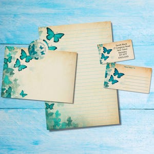 Kit de cartas para amigos por correspondencia o correo postal con mariposas de jade, papel de escritura A5, sobres, etiquetas de dirección, etiquetas PDT y pegatinas redondas de Happy Mail.