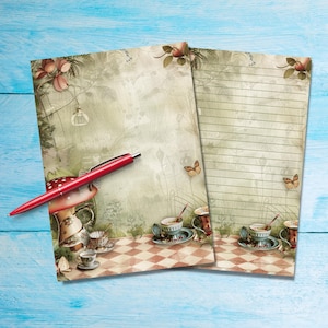 Whimsical Teaparty writing paper, Cute A5 Pen pal supplies, Single stationery letter writing note sheets, Notepaper with or without lines