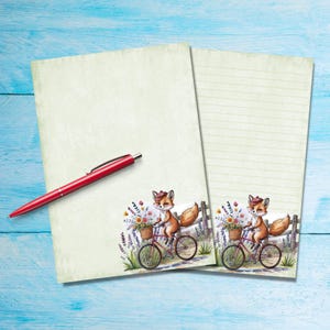 Vintage Fox on Bike writing paper, Cute A5 Pen pal supplies, Single stationery letter writing note sheets, Notepaper with or without lines