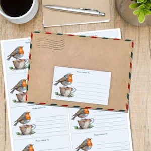 Etichette autoadesive Teacup Robin, da consegnare a..., 10 etichette per foglio, adesivi rettangolari da 99,1 x 57,0 mm con angoli arrotondati