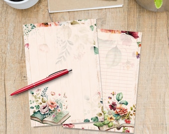 Floral Books A5 letter writing paper, Pen pal supplies, Stationery lined or unlined sheets, Cute notepaper with or without lines