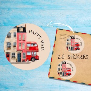 Autocollants Londres, lot de 20 ronds mats découpés individuellement, jolies étiquettes décoratives Happy Mail pour courrier postal, autocollants postaux correspondant