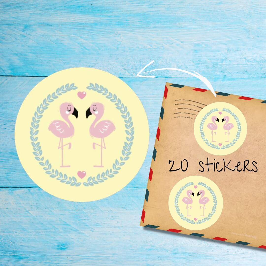 Flamingo Couple Stickers Pack, Individually Cut Round Matte Envelope ...