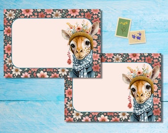 Floral Giraffe - pack of 5 or 10 envelopes, Penpal supplies, Envelopes for happy mail letters