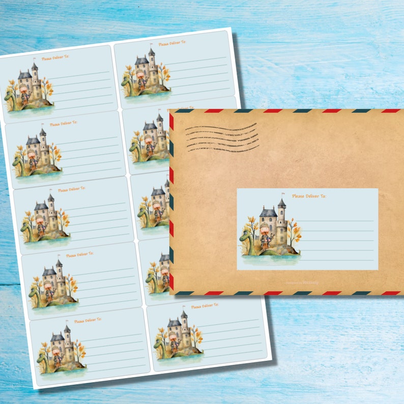 May include: A sheet of 8 blue and white address labels with a watercolor illustration of a castle and a dragon. The labels have the text "Please Deliver To" printed on them.