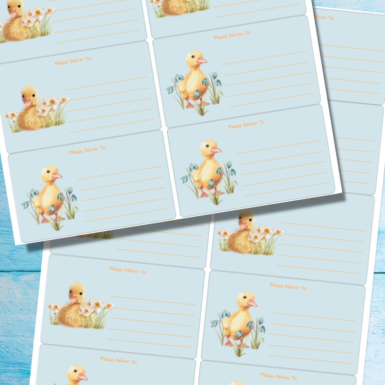 Pu&ograve; includere: Un set di 10 etichette regalo blu e bianche con un anatroccolo giallo con fiori. Ogni etichetta ha una riga per scrivere "Consegnare a:" e uno spazio per un indirizzo.
