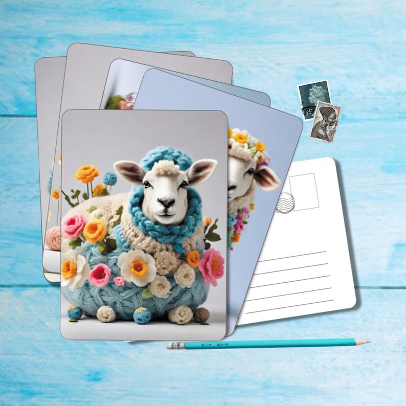 Woolly Sheep Postcard set of 5, A6 size postcard with rounded corners, beautiful illustrated postcrossing postcard 14.8 cm x 10.5 cm zdjęcie 1